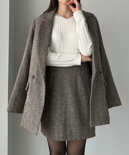 Louere（ルエレ）の「ヘリンボーンテーラードジャケット＋ミニスカートSET（インパン付き）[高身長サイズMT/低身長サイズS有り]（セットアップ・レディース・ダークグレー/ライトブラウン/ダークブラウン・LARGE/MT/X-LARGE/MEDIUM/SMALL）」の12枚目の写真