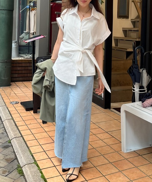 ブラウス シャツ アシメラップ 半袖シャツ（結びディテールでサマになる）/ベリーシルエット レディース アシメラップ 半袖シャツ（結びディテールでサマになる）/ベリー