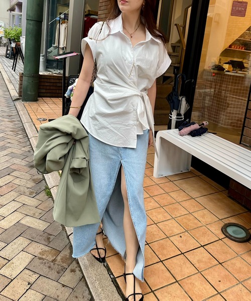 ブラウス シャツ アシメラップ 半袖シャツ（結びディテールでサマになる）/ベリーシルエット レディース アシメラップ 半袖シャツ（結びディテールでサマになる）/ベリー