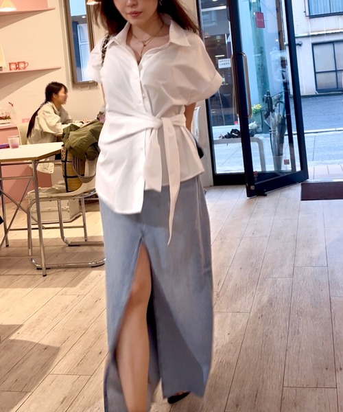 ブラウス シャツ アシメラップ 半袖シャツ（結びディテールでサマになる）/ベリーシルエット レディース アシメラップ 半袖シャツ（結びディテールでサマになる）/ベリー