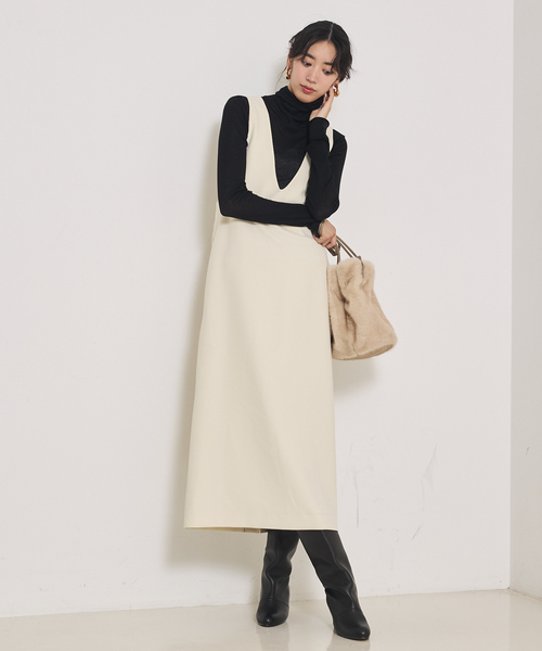 qualite(カリテ)の「【オールシーズン大活躍】ナローロングワンピース/オケージョン/オフィスカジュアル/秋服/冬服/レイヤード(ワンピース・レディース・ブラック/アイボリー・38/36)」の1枚目の写真