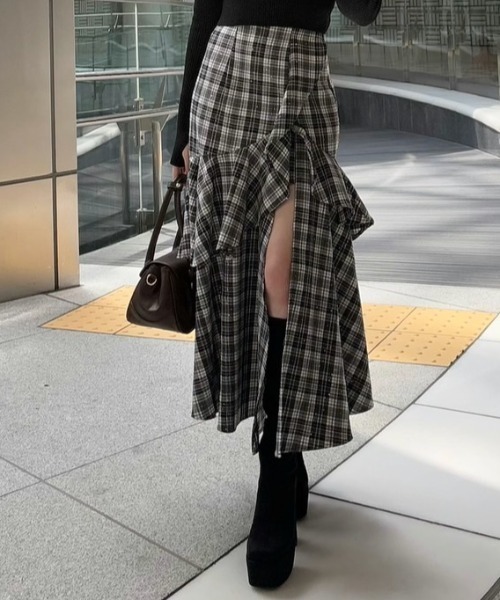 セール】【2025AW】チェックフリルスリットスコートショート