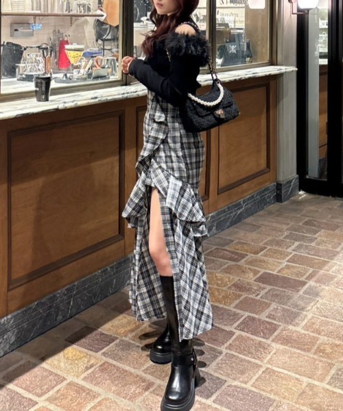 チェックフリルスリットスコートショートパンツ 秋服（スカート