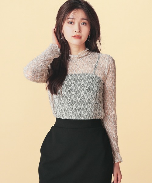 GLACIER lusso（グラシアルッソ）の「レースハイネックトップス（Tシャツ/カットソー・レディース・グレイッシュブルー/ブラック/グレイッシュベージュ/アイボリー/スモーキーグリーン系・S/M/LL/L）」の3枚目の写真