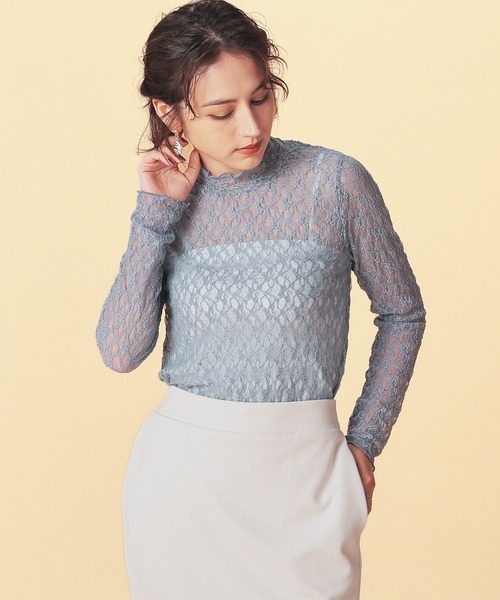 GLACIER lusso（グラシアルッソ）の「レースハイネックトップス（Tシャツ/カットソー・レディース・グレイッシュブルー/ブラック/グレイッシュベージュ/アイボリー/スモーキーグリーン系・S/M/LL/L）」の5枚目の写真