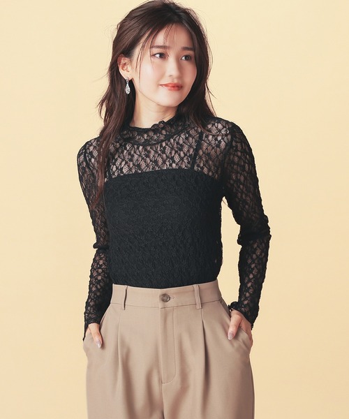 GLACIER lusso（グラシアルッソ）の「レースハイネックトップス（Tシャツ/カットソー・レディース・グレイッシュブルー/ブラック/グレイッシュベージュ/アイボリー/スモーキーグリーン系・S/M/LL/L）」の2枚目の写真