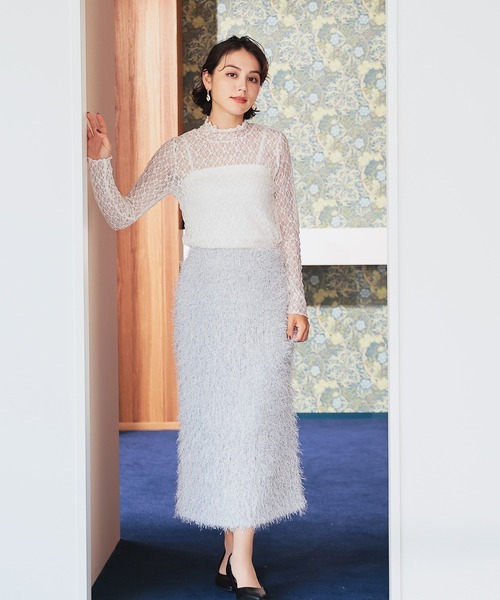 GLACIER lusso（グラシアルッソ）の「レースハイネックトップス（Tシャツ/カットソー・レディース・グレイッシュブルー/ブラック/グレイッシュベージュ/アイボリー/スモーキーグリーン系・S/M/LL/L）」の6枚目の写真