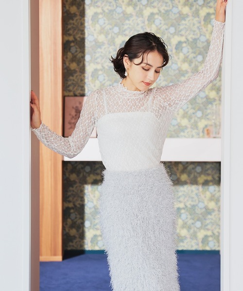 GLACIER lusso（グラシアルッソ）の「レースハイネックトップス（Tシャツ/カットソー・レディース・グレイッシュブルー/ブラック/グレイッシュベージュ/アイボリー/スモーキーグリーン系・S/M/LL/L）」の7枚目の写真