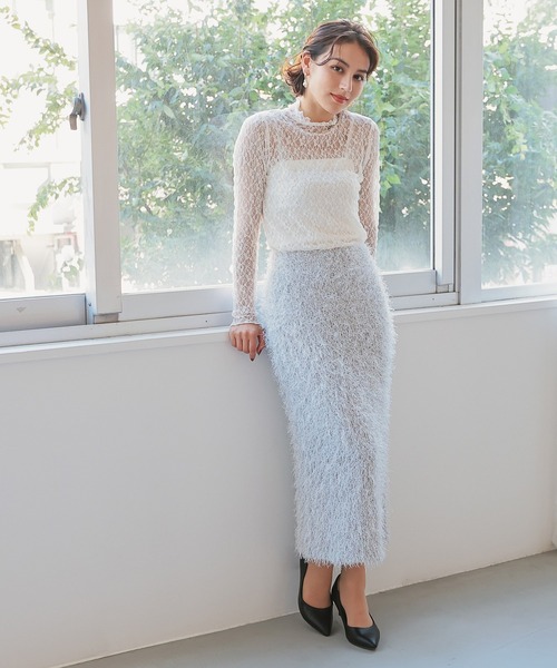 GLACIER lusso（グラシアルッソ）の「レースハイネックトップス（Tシャツ/カットソー・レディース・グレイッシュブルー/ブラック/グレイッシュベージュ/アイボリー/スモーキーグリーン系・S/M/LL/L）」の8枚目の写真