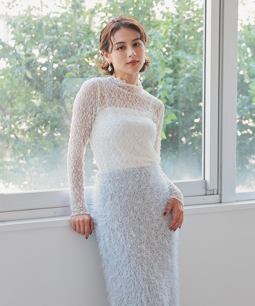 GLACIER lusso（グラシアルッソ）の「レースハイネックトップス（Tシャツ/カットソー・レディース・グレイッシュブルー/ブラック/グレイッシュベージュ/アイボリー/スモーキーグリーン系・S/M/LL/L）」の9枚目の写真