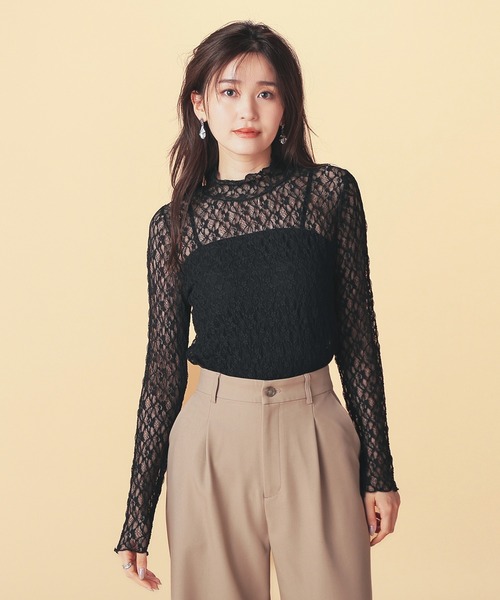 GLACIER lusso（グラシアルッソ）の「レースハイネックトップス（Tシャツ/カットソー・レディース・グレイッシュブルー/ブラック/グレイッシュベージュ/アイボリー/スモーキーグリーン系・S/M/LL/L）」の20枚目の写真