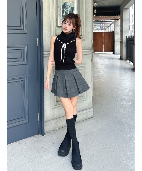 Darich ダーリッチ ステッチリボンノースリーブニットトップス ダーリッチ Darich ステッチリボンノースリニットトップス