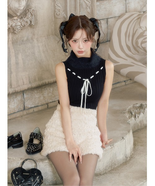 ステッチリボンノースリニットトップス（ニット/セーター