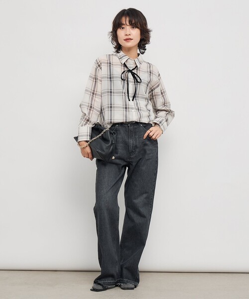 セール】ウォッシャブルリボン付きチェックシャツ（シャツ/ブラウス