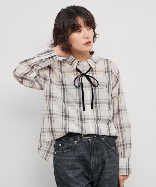 セール】ウォッシャブルリボン付きチェックシャツ（シャツ/ブラウス