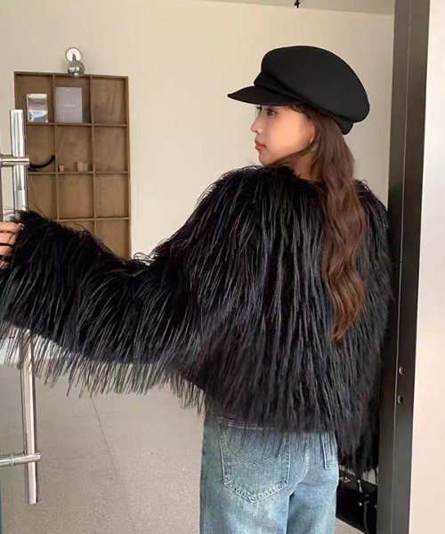 セール】短丈ノーカラーフェイクファージャケット（長毛フェイクファー