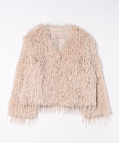 セール】短丈ノーカラーフェイクファージャケット（長毛フェイクファー