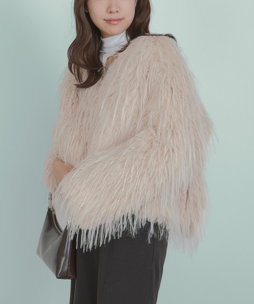 naokitomizuka フェイクファージャケット セール】短丈ノーカラーフェイクファージャケット（長毛フェイクファー