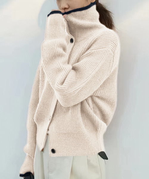 Doula Doula（ドゥーラドゥーラ）の「配色ライン襟付きニットカーディガン（カーディガン/ボレロ・レディース・ダークグレー/ブラウン/ベージュ/ネイビー/グレー/モカ・FREE）」の5枚目の写真