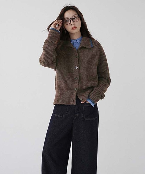 Doula Doula（ドゥーラドゥーラ）の「配色ライン襟付きニットカーディガン（カーディガン/ボレロ・レディース・ダークグレー/ブラウン/ベージュ/ネイビー/グレー/モカ・FREE）」の8枚目の写真