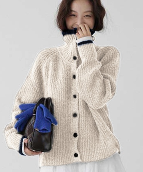 Doula Doula（ドゥーラドゥーラ）の「配色ライン襟付きニットカーディガン（カーディガン/ボレロ・レディース・ダークグレー/ブラウン/ベージュ/ネイビー/グレー/モカ・FREE）」の14枚目の写真