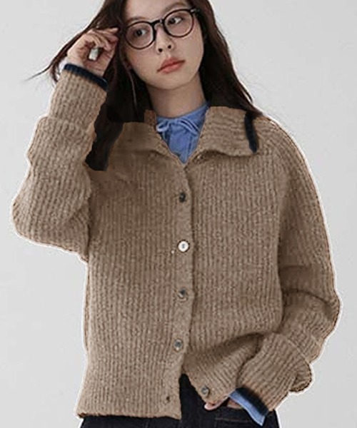 Doula Doula（ドゥーラドゥーラ）の「配色ライン襟付きニットカーディガン（カーディガン/ボレロ・レディース・ダークグレー/ブラウン/ベージュ/ネイビー/グレー/モカ・FREE）」の13枚目の写真