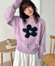 ニット/セーター（パープル/紫色系・花柄・ボタニカル柄）ファッション