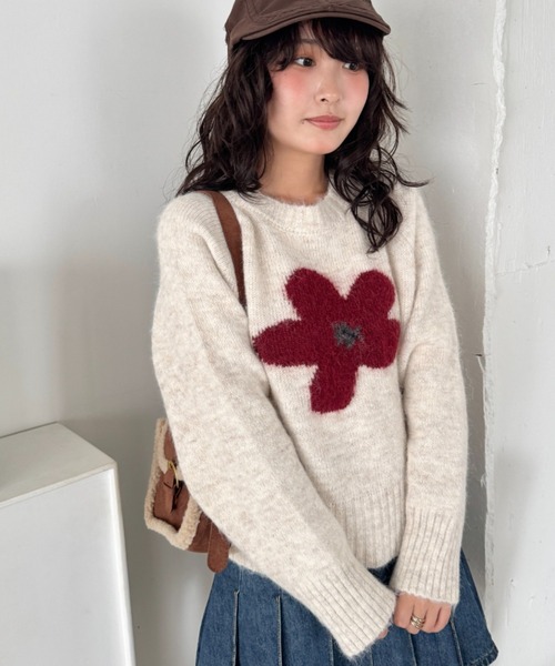 セール】フラワーモチーフルーズニットプルオーバー（ニット/セーター