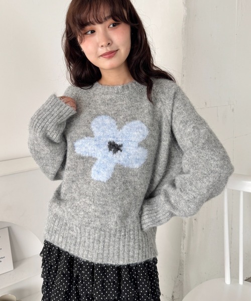 セール】フラワーモチーフルーズニットプルオーバー（ニット/セーター