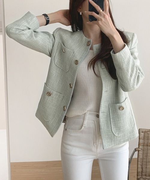 FREE STYLISTS（フリー スタイリスト）の「YUGA_YGMC buttoned tweed jacket（ノーカラージャケット・レディース・ライトグリーン/オフホワイト・S/M/L）」の19枚目の写真