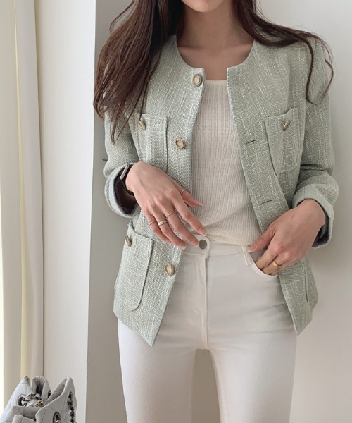 FREE STYLISTS（フリー スタイリスト）の「YUGA_YGMC buttoned tweed jacket（ノーカラージャケット・レディース・ライトグリーン/オフホワイト・S/M/L）」の21枚目の写真