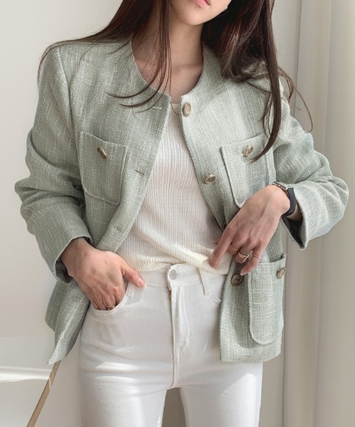 FREE STYLISTS（フリー スタイリスト）の「YUGA_YGMC buttoned tweed jacket（ノーカラージャケット・レディース・ライトグリーン/オフホワイト・S/M/L）」の16枚目の写真