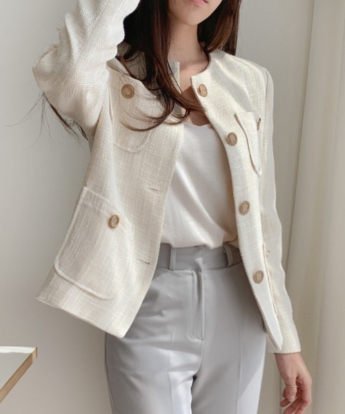 FREE STYLISTS（フリー スタイリスト）の「YUGA_YGMC buttoned tweed jacket（ノーカラージャケット・レディース・ライトグリーン/オフホワイト・S/M/L）」の4枚目の写真