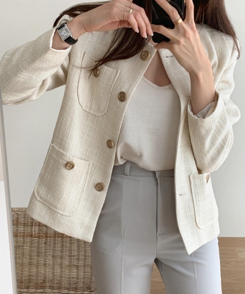 FREE STYLISTS（フリー スタイリスト）の「YUGA_YGMC buttoned tweed jacket（ノーカラージャケット・レディース・ライトグリーン/オフホワイト・S/M/L）」の5枚目の写真