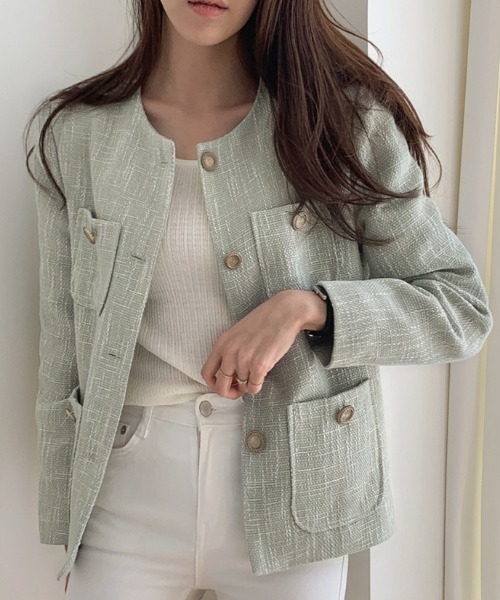 FREE STYLISTS（フリー スタイリスト）の「YUGA_YGMC buttoned tweed jacket（ノーカラージャケット・レディース・ライトグリーン/オフホワイト・S/M/L）」の15枚目の写真