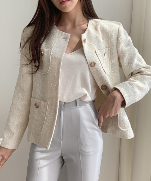 FREE STYLISTS（フリー スタイリスト）の「YUGA_YGMC buttoned tweed jacket（ノーカラージャケット・レディース・ライトグリーン/オフホワイト・S/M/L）」の7枚目の写真