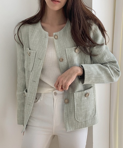 FREE STYLISTS（フリー スタイリスト）の「YUGA_YGMC buttoned tweed jacket（ノーカラージャケット・レディース・ライトグリーン/オフホワイト・S/M/L）」の22枚目の写真