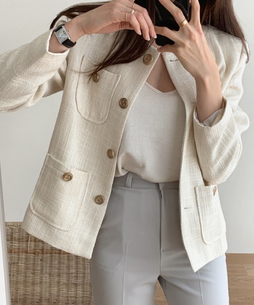 FREE STYLISTS（フリー スタイリスト）の「YUGA_YGMC buttoned tweed jacket（ノーカラージャケット・レディース・ライトグリーン/オフホワイト・S/M/L）」の3枚目の写真