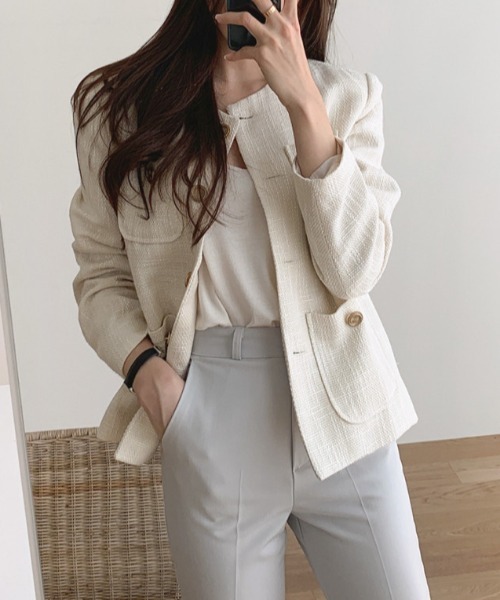 FREE STYLISTS（フリー スタイリスト）の「YUGA_YGMC buttoned tweed jacket（ノーカラージャケット・レディース・ライトグリーン/オフホワイト・S/M/L）」の8枚目の写真