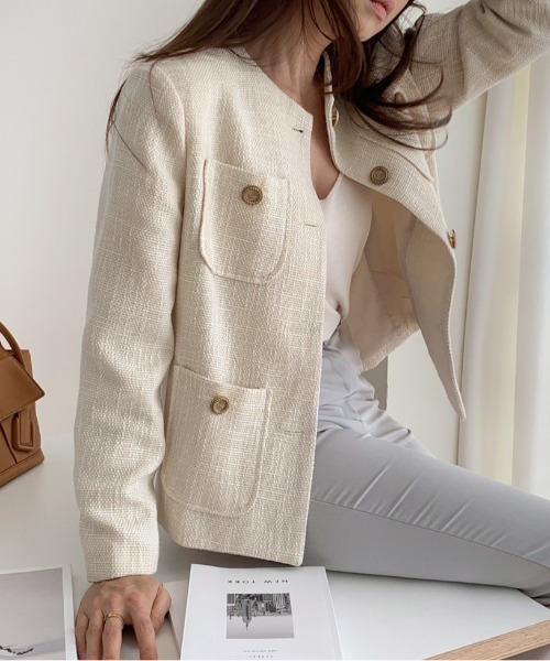 FREE STYLISTS（フリー スタイリスト）の「YUGA_YGMC buttoned tweed jacket（ノーカラージャケット・レディース・ライトグリーン/オフホワイト・S/M/L）」の9枚目の写真