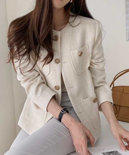 FREE STYLISTS（フリー スタイリスト）の「YUGA_YGMC buttoned tweed jacket（ノーカラージャケット・レディース・ライトグリーン/オフホワイト・S/M/L）」の10枚目の写真
