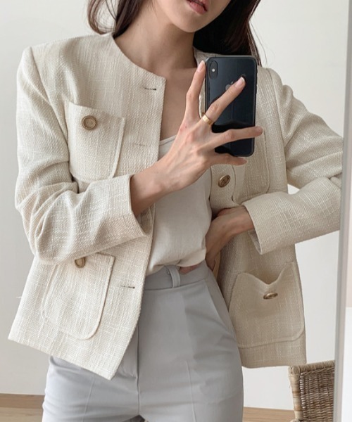 FREE STYLISTS（フリー スタイリスト）の「YUGA_YGMC buttoned tweed jacket（ノーカラージャケット・レディース・ライトグリーン/オフホワイト・S/M/L）」の11枚目の写真