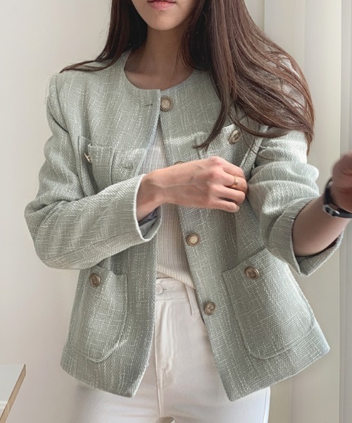 FREE STYLISTS（フリー スタイリスト）の「YUGA_YGMC buttoned tweed jacket（ノーカラージャケット・レディース・ライトグリーン/オフホワイト・S/M/L）」の18枚目の写真