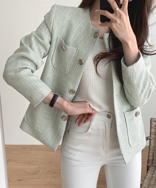FREE STYLISTS（フリー スタイリスト）の「YUGA_YGMC buttoned tweed jacket（ノーカラージャケット・レディース・ライトグリーン/オフホワイト・S/M/L）」の14枚目の写真