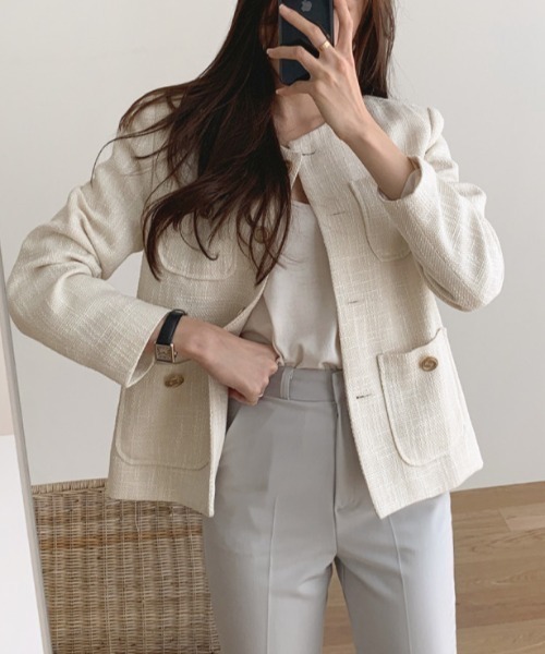 FREE STYLISTS（フリー スタイリスト）の「YUGA_YGMC buttoned tweed jacket（ノーカラージャケット・レディース・ライトグリーン/オフホワイト・S/M/L）」の12枚目の写真