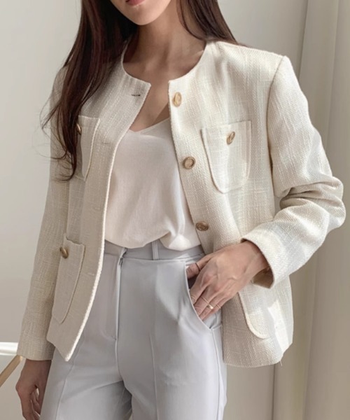 FREE STYLISTS（フリー スタイリスト）の「YUGA_YGMC buttoned tweed jacket（ノーカラージャケット・レディース・ライトグリーン/オフホワイト・S/M/L）」の6枚目の写真
