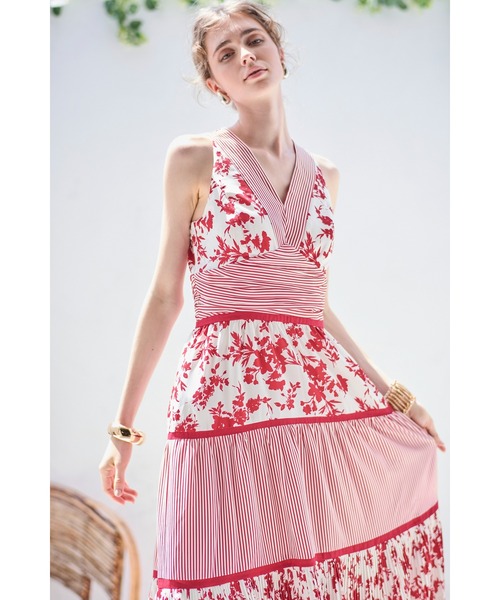 セール】Rosetta Floral Dress ストライプ＆フラワープリントドレス