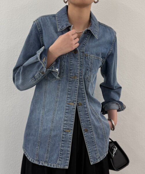 美品⭐︎ラウンジドレス　人気デニムオーバーサイズシャツ　ジャケット　ダメージ加工 20周年限定】デニムシャツジャケット（シャツ/ブラウス）｜LOUNGEDRESS