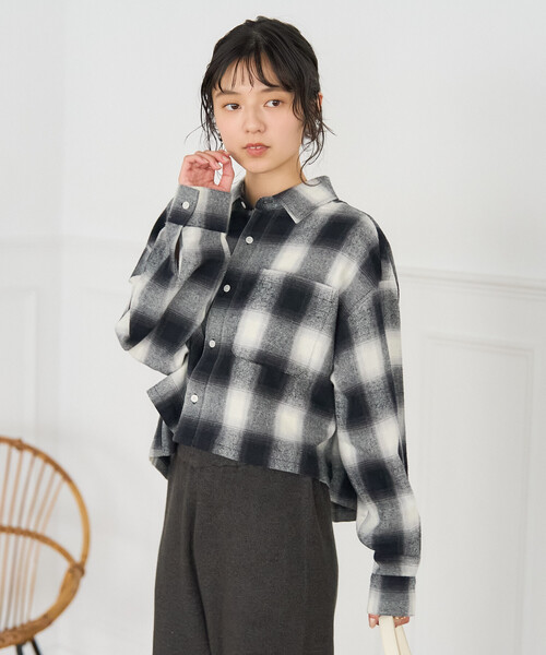 オンブレ チェックシャツ/ショート丈チェックシャツ/ネルシャツ