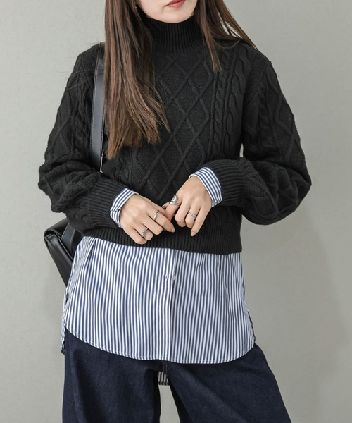 AMELY（エミリー）の「ショート丈ケーブルニット（ニット/セーター・レディース・ベージュ/ブラック/オートミール/グレー・フリー）」の2枚目の写真